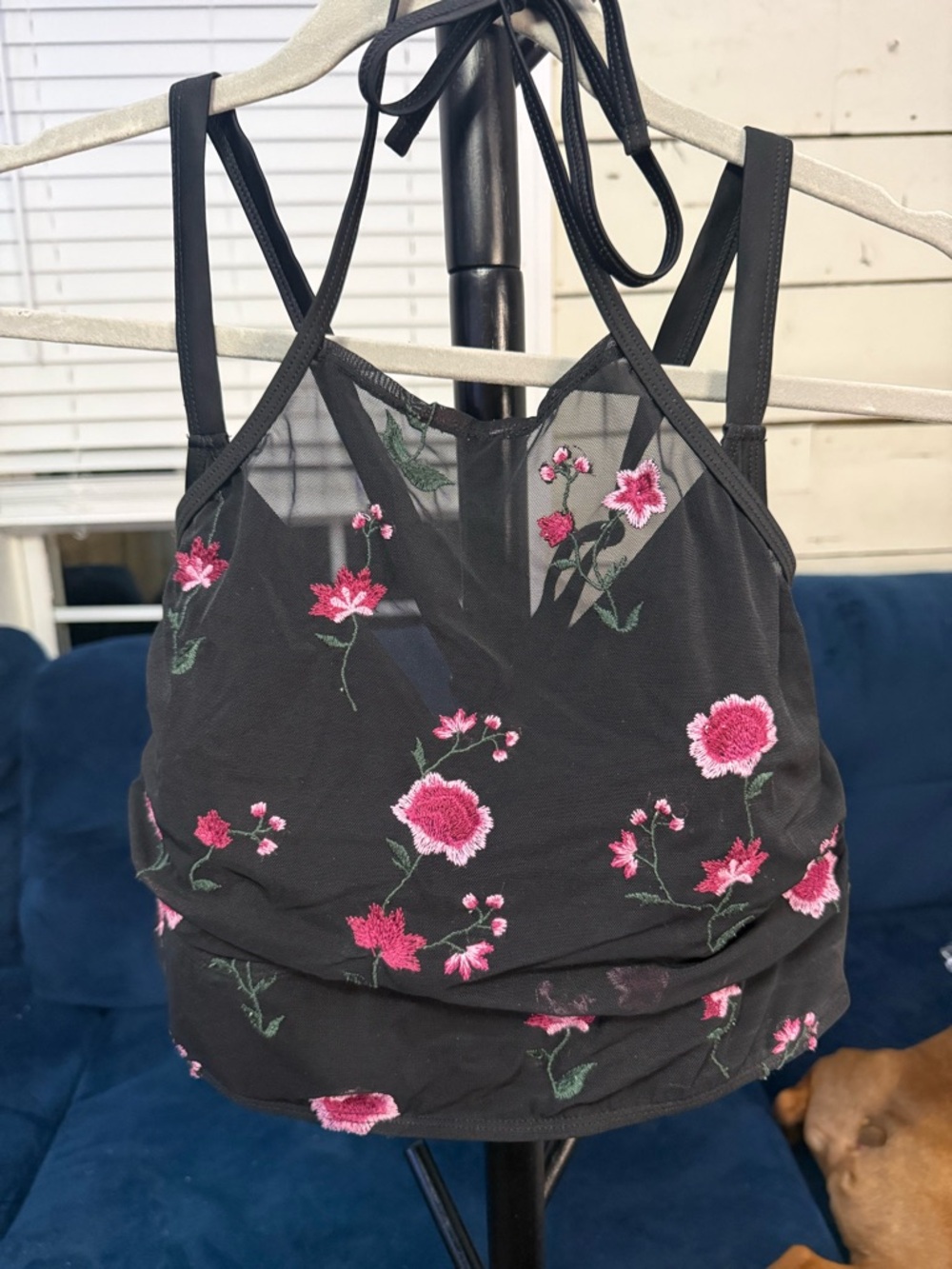 Floral Embroidered Black Mesh Top